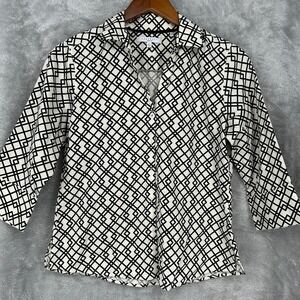 Foxcroft Black and Cream Geometric Print Button Up Women's Size 6P 3/4 Sleeve